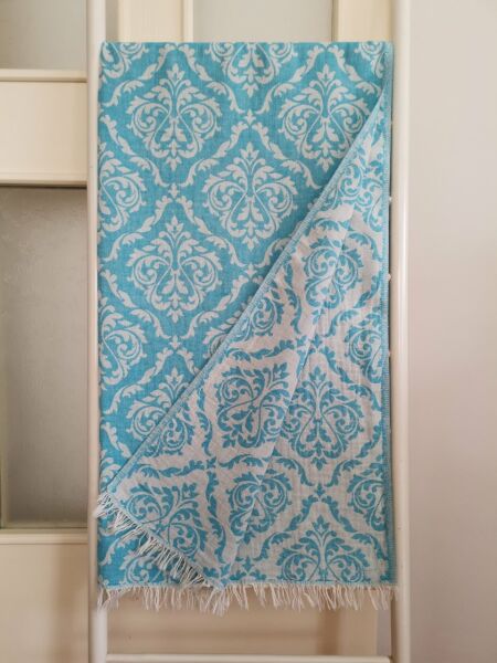 Peştemal, 95x175, Banyo Havlusu, Plaj Havlusu, Çift Katlı Damask Turkuaz/
