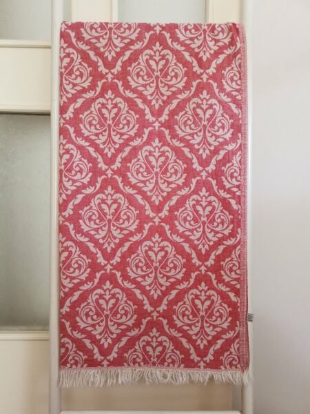 Peştemal, 95x175, Banyo Havlusu, Plaj Havlusu, Çift Katlı Damask Kırmızı