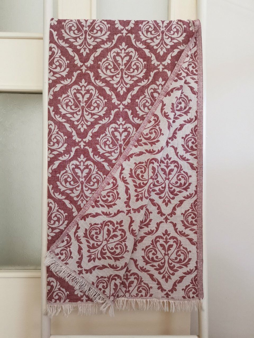 Peştemal, 95x175, Banyo Havlusu, Plaj Havlusu, Çift Katlı Damask Bordo/