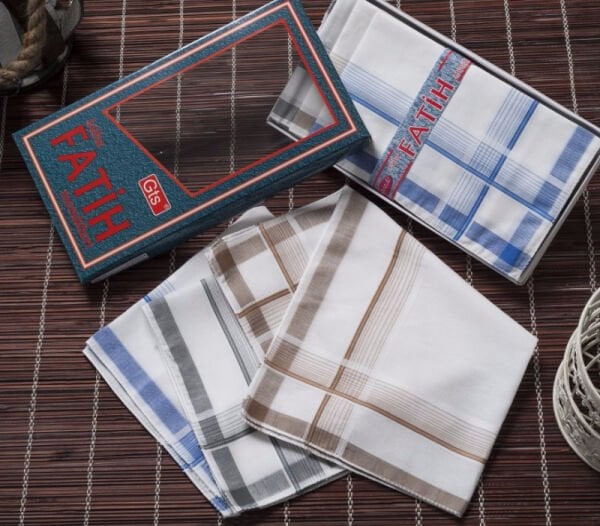 12 Adet, Erkek Mendil, 40x40 cm. Çizgili, %100 Pamuk,