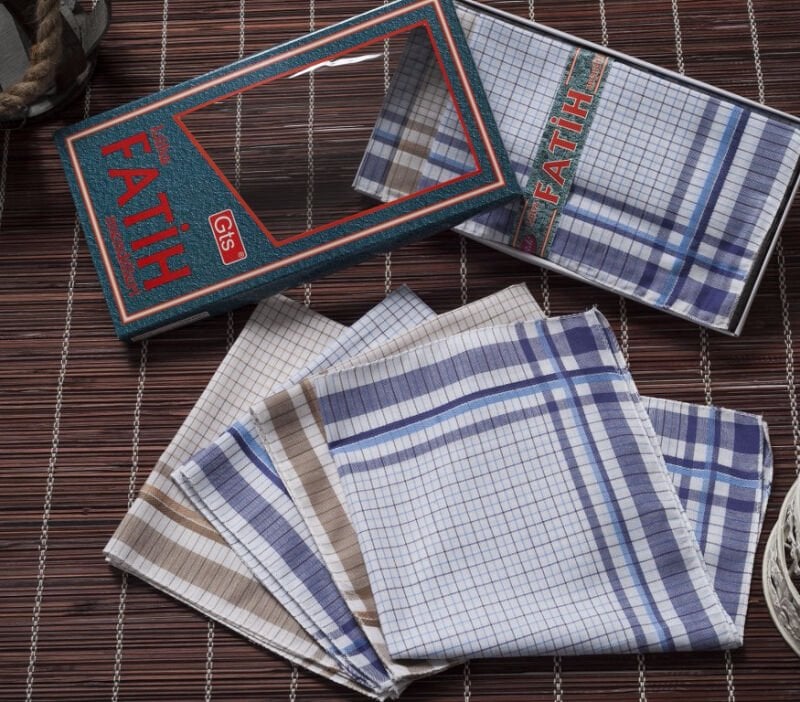 12 Adet, Erkek Mendil, 40x40 cm. Kareli, %100 Pamuk