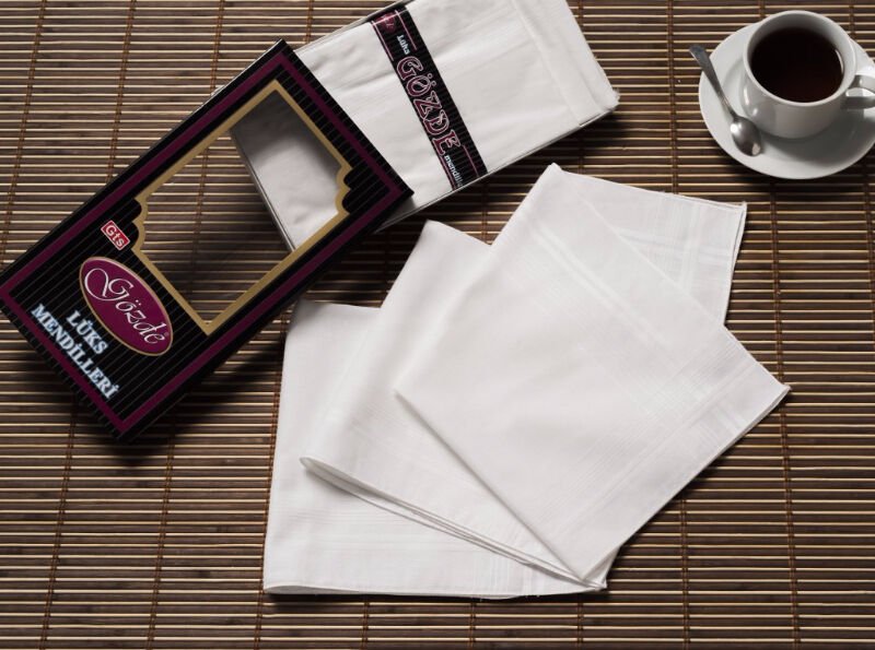 12 Adet, Beyaz Mendil, 42x42 cm. %100 Pamuk