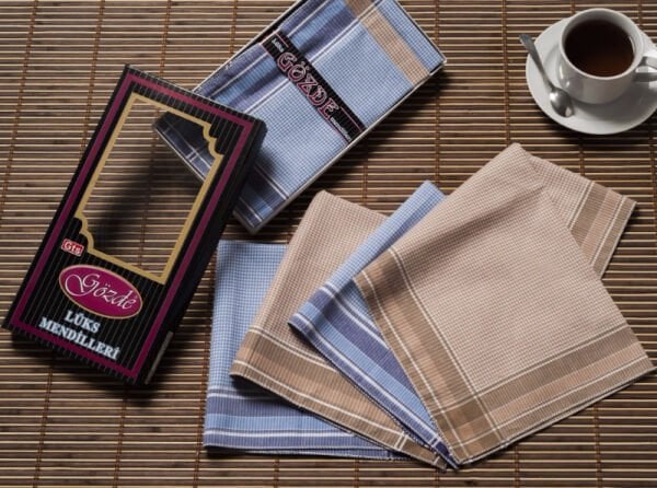 12 Adet, Erkek Mendil, 42x42 cm. Kareli, %100 Pamuk