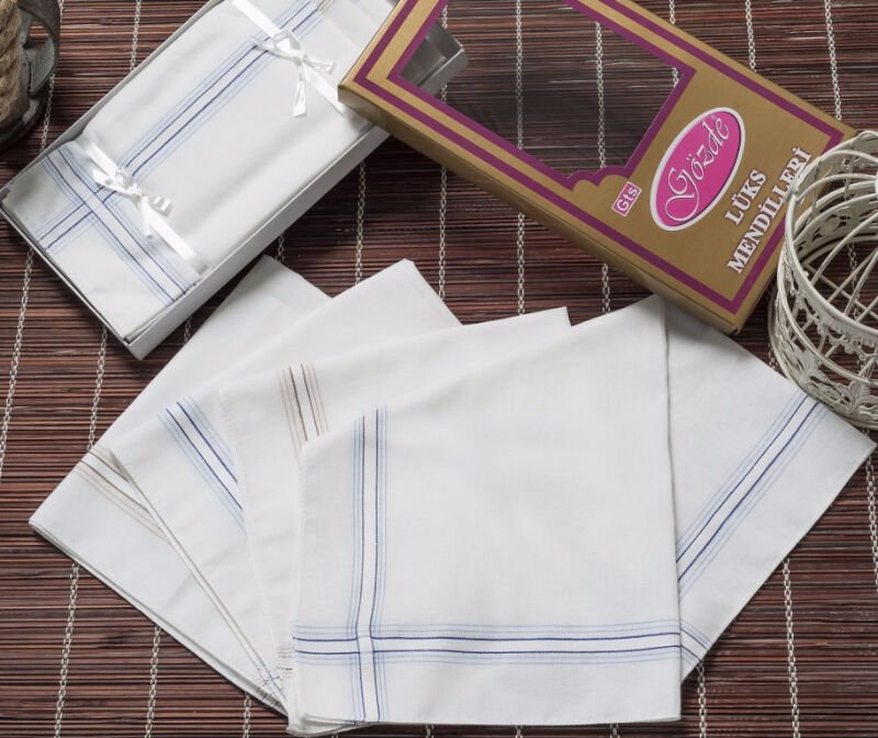12 Adet, Erkek Mendil 46x46 Cm. İnce Çizgi %100 Pamuk