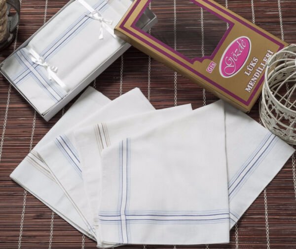 12 Adet, Erkek Mendil 46x46 Cm. İnce Çizgi %100 Pamuk