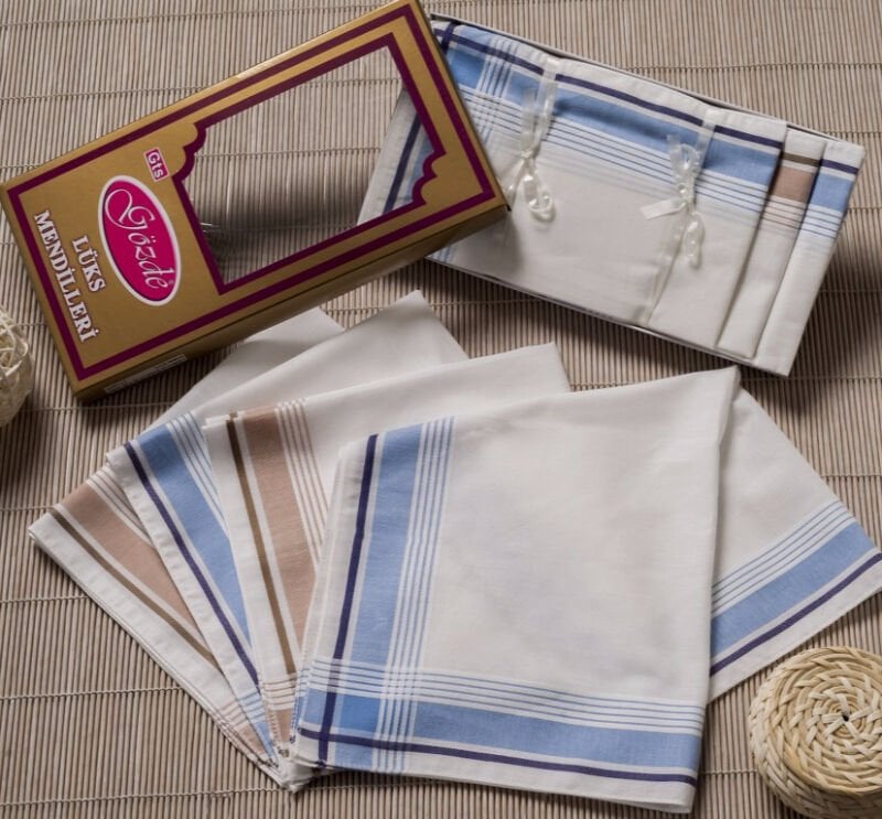 12 Adet, Erkek Mendil, 46x46 cm. Çizgili, %100 Pamuk