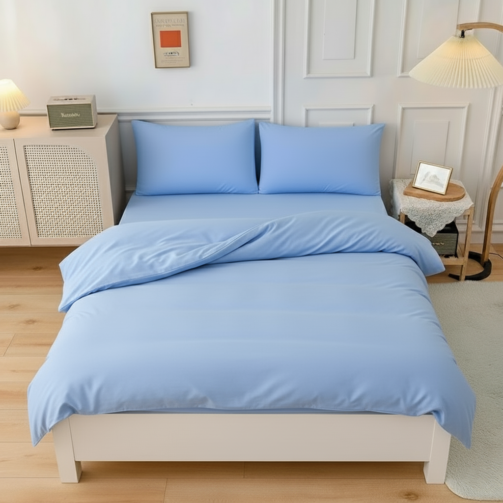 Lastikli Çarşaflı Nevresim Takımı, Tek Kişilik, Polycotton, Mavi, 57 Tel/