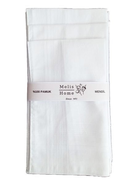 12 Adet, %100 Pamuk, 40x40 cm, Beyaz Mendil