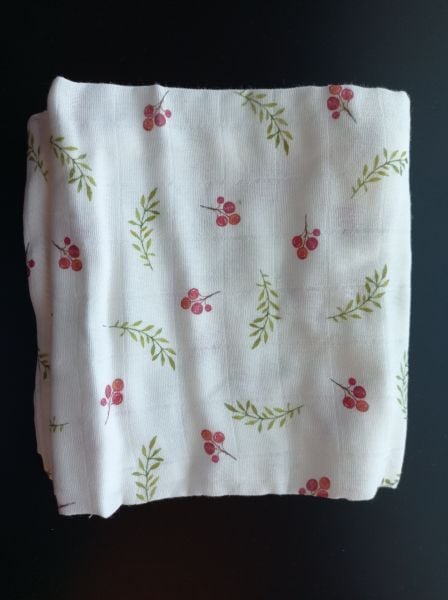 Müslin Bebek Örtüsü, 75x75 Cm. %100 Pamuk, Çift Katlı, Müslin Örtü, Kirazlı/