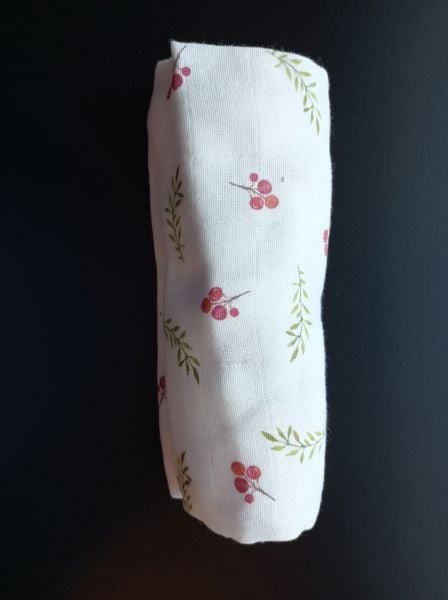 Müslin Bebek Örtüsü, 75x75 Cm. %100 Pamuk, Çift Katlı, Müslin Örtü, Kirazlı/